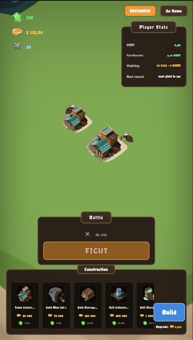 The image shows a screenshot of "Kingdom of Kings," a Web3 strategy game on Solana, displaying a player's base with a gold value of $121.60, 235 gems, and various building options like Town Center, Gold Mine, and Gold Storage available for construction, along with a "FIGHT" battle button to engage in PvP combat after a 6h 27m cooldown.