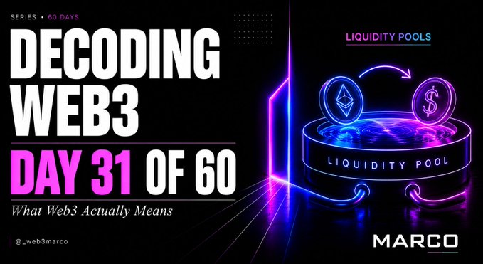 Promotional graphic for "Decoding Web3 Day 31 of 60" series focused on Liquidity Pools, branded by @_web3marco.