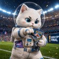In this image, a white cat is dressed up as an astronaut with goggles, a helmet, and other accessories. The cat appears to be holding a small object in its mouth, possibly representing a space shuttle or another piece of equipment from outer space. The scene suggests that it could be related to the World Cup, with the "Five predictions." The post seems to contain a list of potential winners for the soccer tournament, and there is also a hint about a free entry for @jup_predict where users can enter their predictions for the week. The main focus of this image, however, remains on the amusing cat astronaut attire.
