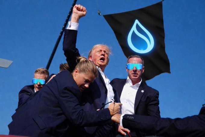 Former President Donald Trump raises his fist with blood on his ear, surrounded by Secret Service agents wearing sunglasses, with a black water droplet flag in the background.