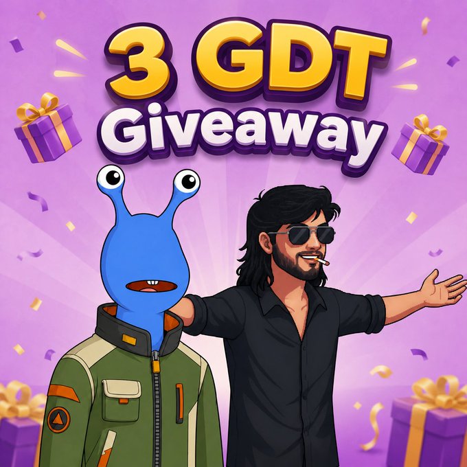 A colorful cartoon graphic announcing a '3 GDT Giveaway' featuring a blue alien-like creature and a long-haired man in sunglasses with arms outstretched.