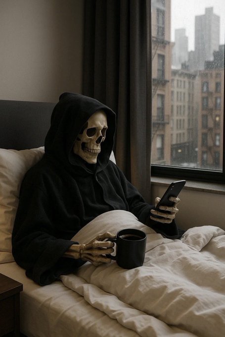 A skeletal grim reaper sits in bed, wrapped in a black hoodie and clutching a coffee mug while scrolling on a smartphone, with a dreary cityscape visible through the rain-streaked window behind him.

The caption perfectly complements the post—portraying the figure as the personification of a trader on the brink of ruin, casually doom-scrolling while awaiting the final blow to their account.