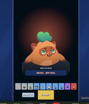 A mobile game screen features an orange animated character labeled 'MOKI MYTHIC' with a 'DRAG TO SPIN' interface and a row of collectible items below.