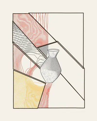 A geometric composition featuring bold black outlines and diagonal divisions, with sections filled in red, black, and yellow cross-hatched patterns, centered around a finely detailed black-and-white illustration of a rounded vase or vessel.