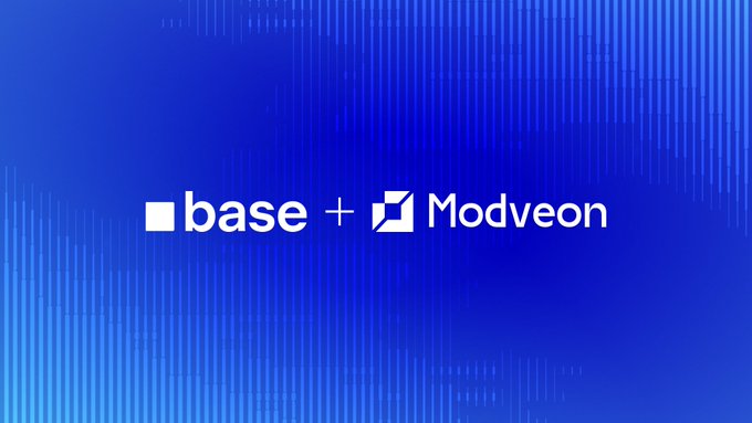 The image features the logos for "base" and "Modveon" displayed side-by-side with a plus sign between them, set against a blue striped background. This visual represents the partnership between Base and Modveon, aligning with the post's message about enabling seamless cross-border USDC transactions onchain for Salvadorans using the Sivar platform.