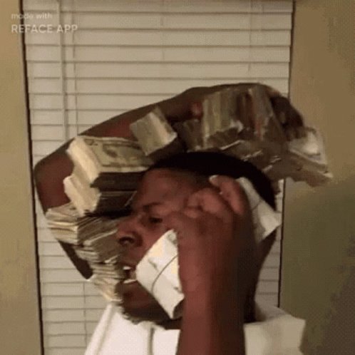 In the image, a man wearing a white shirt stands against a wall with his head tilted back as he talks on a cell phone. He has stacks of money placed on top of his head, suggesting that he might be involved in some sort of gambling activity or is simply boasting about his wealth. The post caption reads "The brave ones placing their bets tonight", which could imply that the man is participating in an event or gathering where people are encouraged to bet on various activities or outcomes.

The image also contains a reference to REFACE App, which might be related to the gambling activity taking place.