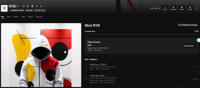A screenshot of the RYB NFT minting page showing "Mint RYB" with a countdown timer and schedule for Early Access and Public mints on the Robinhood Chain.