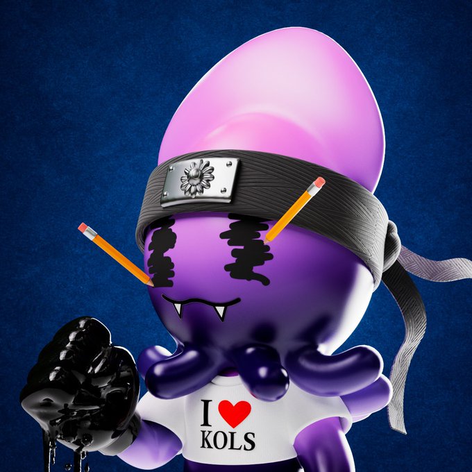 A purple octopus character wearing a Naruto-style ninja headband, with two pencils stuck in its head, fangs, and a white t-shirt reading 'I ♥ KOLS', holding a black boxing glove against a blue background.