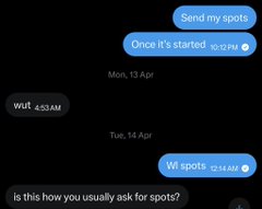 A screenshot of a text message exchange where one user asks "Send my spots / Once it's started" and the other replies "Wuf" at 4:53 AM, followed by "W spots" on Tuesday, April 14th, with the sender asking "is this how you usually ask for spots?" The conversation appears to be related to the post's concern about "mint," as "W" with a checkmark in the messages resembles the "under" tick or down-arrow symbol used on Polymarket to indicate a token's position, which the user finds unusual.