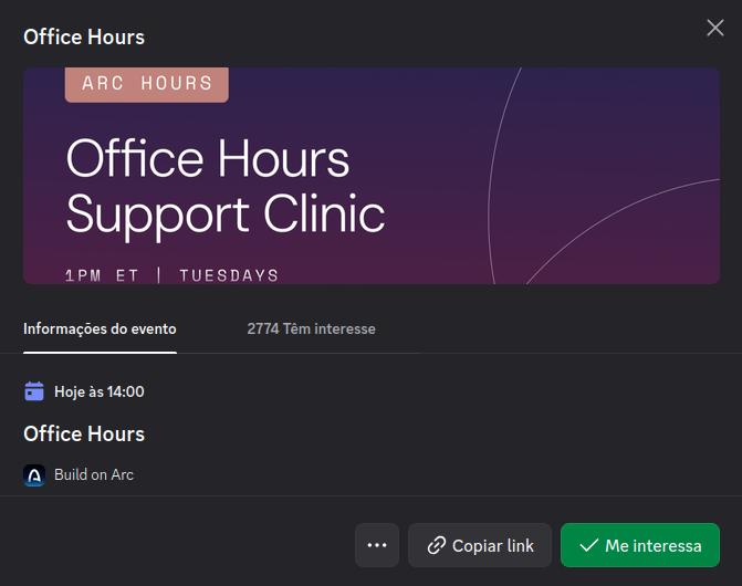 A LinkedIn-style event popup for 'Office Hours Support Clinic' by ARC, scheduled for Tuesdays at 1 PM ET, with 2,774 interested attendees.