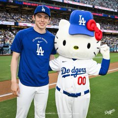 A man in a Dodgers cap and t-shirt posing with Hello Kitty dressed in a Dodgers baseball uniform on the field.