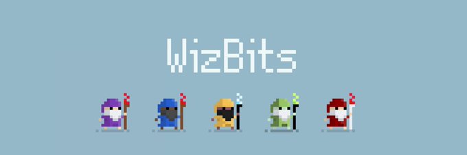 A pixel art graphic featuring the white text 'WizBits' above five pixelated wizard characters in different colored robes (purple, blue, yellow, green, red) holding staffs.