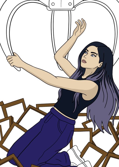 A digital illustration of a young woman with long dark hair reaching up toward a heart-shaped balloon, kneeling among scattered picture frames.