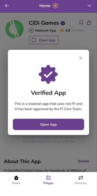 In this image, a small cell phone screen displays an app called "CiDi Games" which is a Verified App on Pi Mainnet. The app has been recently approved and is open for testing, as indicated by the purple button with a green checkmark symbolizing approval. It also provides information about the app's status on Pi Mainnet, including its current popularity and how it was launched in both beta and elf continent stages. This app milestone signifies significant progress and success for the CiDi Games community and their innovative gaming platform.