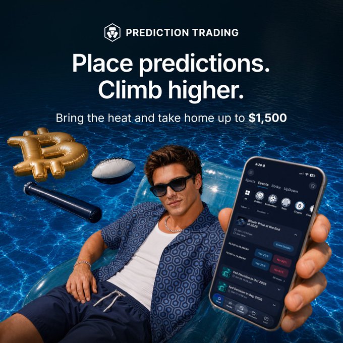 A promotional ad for Crypto.com's Prediction Trading feature shows a stylish man floating on a pool inflatable next to a Bitcoin balloon and football, while holding a phone with prediction event details for Bitcoin price targets ($120k, $160k, and 2026 end dates), advertising prizes up to $1,500 for top 20 traders until August 27 for U.S. users only.