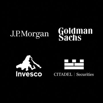 Logos of JPMorgan, Goldman Sachs, Invesco, and Citadel Securities displayed on a black background, representing four major financial institutions participating in a Wall Street tokenization trial testing blockchain-based asset settlements.