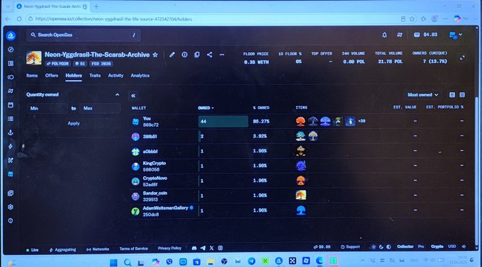 A screenshot of the OpenSea NFT marketplace shows a collection called 'Noon-Yggdrasil-The-Scarab-Archive' with holders listed including wallets like 'You', '390b8f', and 'KingCrypto100964'.