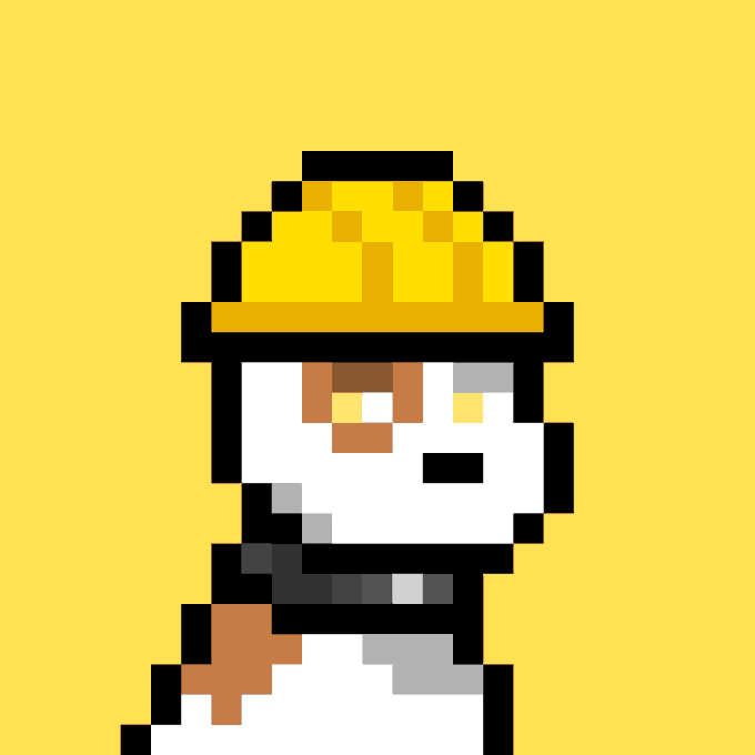 The image features a cartoon dog wearing a yellow hard hat, which appears to be a construction worker or a laborer. The dog's face has a big nose and eyes, giving it a playful and endearing appearance. The background of the image is yellow, providing a vibrant contrast that makes the dog stand out even more. There are no other objects in the image besides the cartoon dog wearing the hard hat.