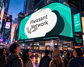 A Times Square-style billboard displaying 'Pheasant Network' in a speech bubble, surrounded by crowds of people in an AI-generated urban night scene.