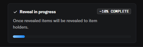 A dark-themed status panel displays "Reveal in progress" with a note that "Once revealed items will be revealed to item holders," accompanied by a blue progress bar at approximately "~10% COMPLETE." The image visually confirms the post's announcement of a reveal phase that is 10% underway, likely for the "ink" collection on OpenSea.