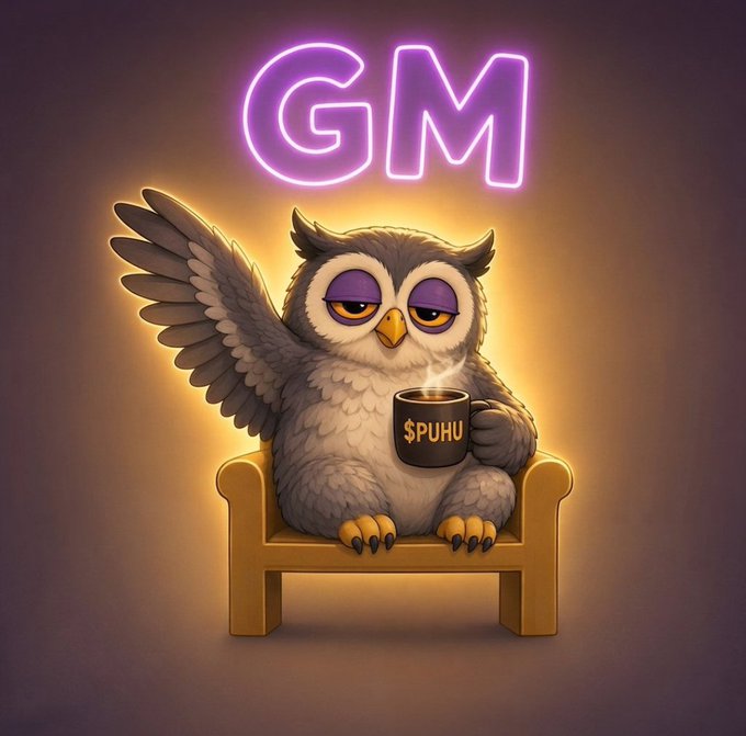 A sleepy cartoon owl with half-closed eyes sitting on a yellow chair, holding a black mug labeled '$PUHU', with a glowing purple neon 'GM' sign glowing above its head against a warm brown background.