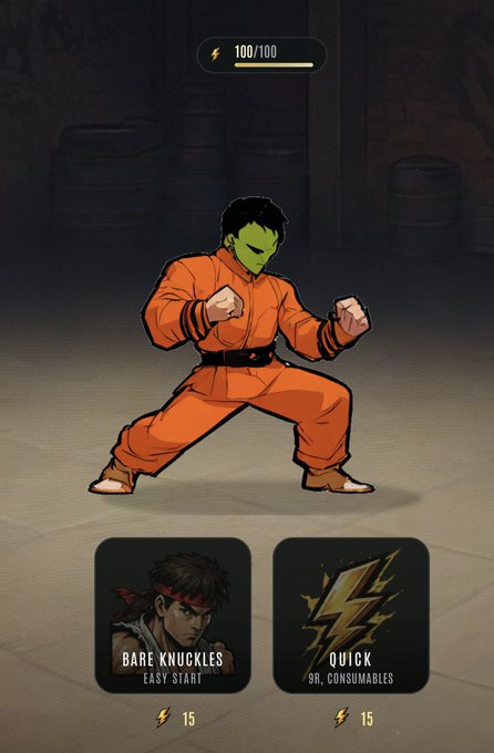 A mobile fighting game screenshot showing a green-faced fighter in an orange martial arts uniform with 100/100 energy, and two move cards 'BARE KNUCKLES' and 'QUICK' each costing 15 energy.
