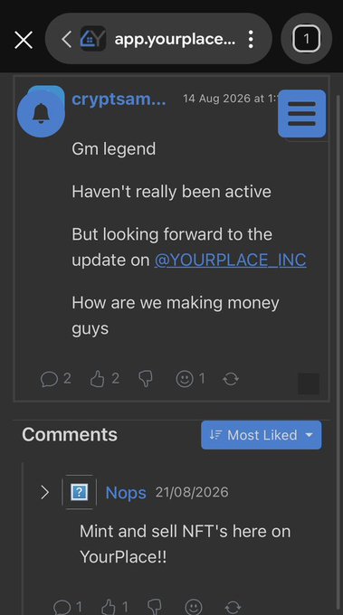 A social media post from 'cryptsam...' on the app 'yourplace' asks for an update on @YOURPLACE_INC and how to make money, with a reply suggesting to 'Mint and sell NFT's here on YourPlace!!'