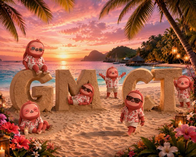 A whimsical 3D-rendered scene showing cute pink characters in Hawaiian shirts and sunglasses posing around large sand letters spelling 'GMCDT' on a tropical beach at sunset.