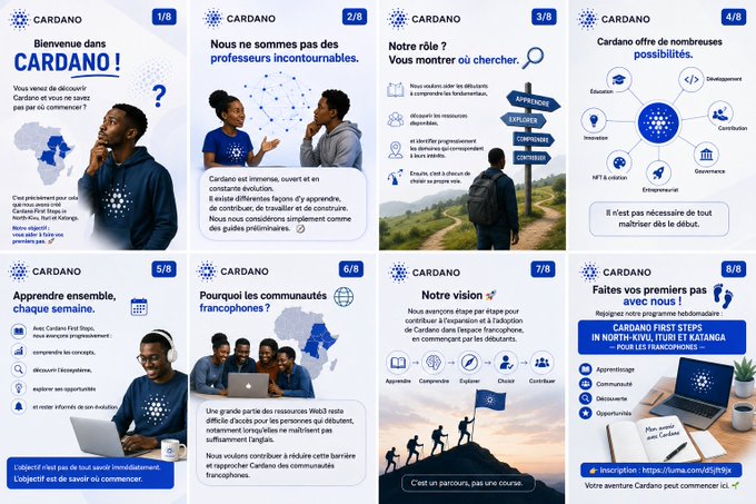 An 8-slide Instagram carousel introducing the Cardano blockchain in French, covering topics like Cardano's open nature, community approach, and a first steps webinar on August 31st at Katanga.
