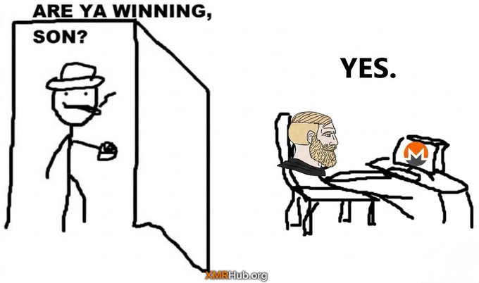 Meme comic showing a stick figure asking 'ARE YA WINNING, SON?' from a doorway, while a man with a beard sits at a computer answering 'YES.'