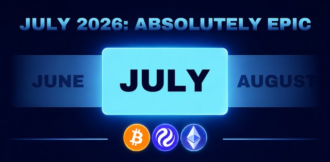 A promotional graphic highlights "JULY 2026: ABSOLUTELY EPIC" at the top, with "JULY" prominently displayed between faded "JUNE" and "AUGUST" labels. Below, the logos for Bitcoin, XRP, and Ethereum are featured, aligning with the post's anticipation of major crypto events like Bitcoin Alaska 2026, ETHis 2026 in Munich, and other significant July 2026 happenings.