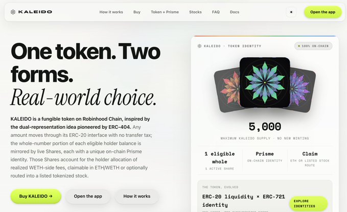 A screenshot of the KALEIDO website highlighting its tagline "One token. Two forms. Real-world choice," describing KALEIDO as a fungible ERC-404 token on Robinhood Chain with a maximum supply of 5,000, featuring dual ERC-20/ERC-721 identity and on-chain Prisme integration—aligning with the post's claim that $KALEIDO blends DeFi liquidity pool fees with Robinhood, positioning it as a hidden gem in the RWA sector.