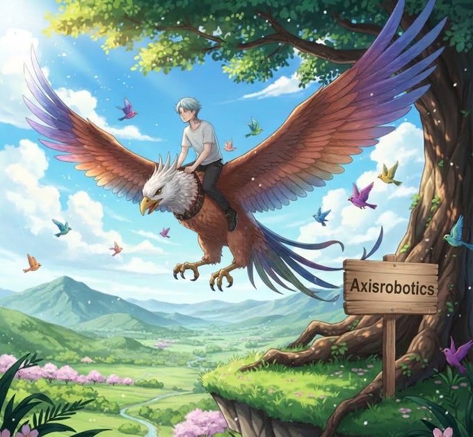 An anime-style illustration of a silver-haired boy riding a large eagle-like bird with purple and brown wings, with a wooden sign reading 'Axisrobotics' beside a tree.