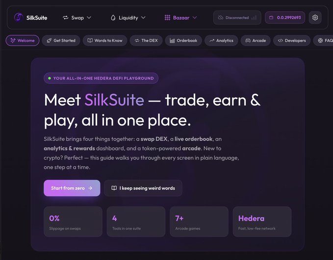 A website interface for SilkSuite, a Hedera DeFi platform, featuring navigation tabs like Swap, Liquidity, Bazaar, and heading text reading 'Meet SilkSuite — trade, earn & play, all in one place.'