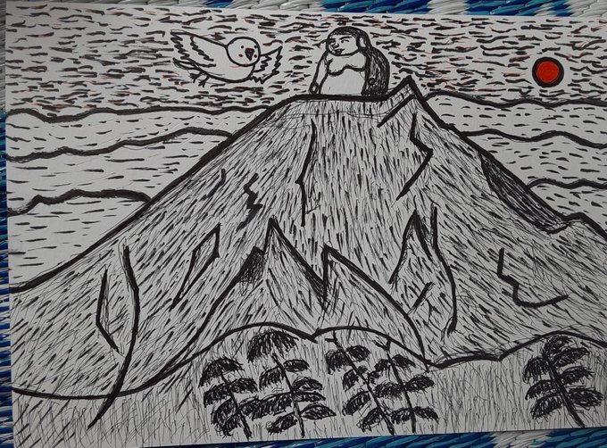 Black and white illustration depicting Mount Fuji with a penguin-like creature at the summit, accompanied by a winged character flying nearby and a red sun in the sky.