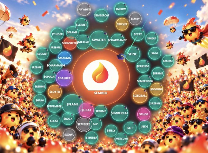 A colorful illustration features a central "SEMBER" token surrounded by a network of related coins like SEMBERCAT, SEMBY, $FLAME, SCHOP, and $BASKET, all set against a festive backdrop of cartoon characters. The image's web of interconnected ecosystem tokens visually reinforces the post's endorsement of the EmberCurve ecosystem as the primary investment platform.