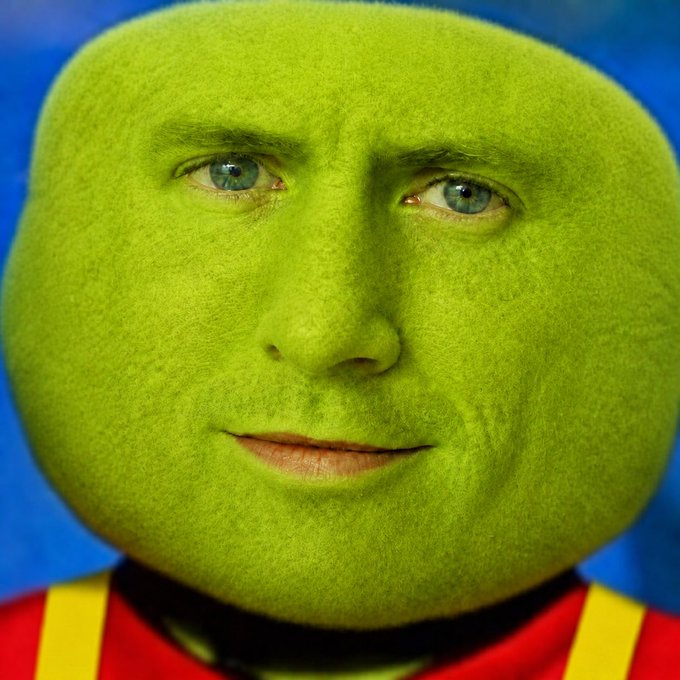 A surreal composite image shows a realistic human face—featuring blue eyes and a subtle smile—merged with a bright green, textured surface resembling a citrus peel, with the person wearing a red and yellow striped shirt.