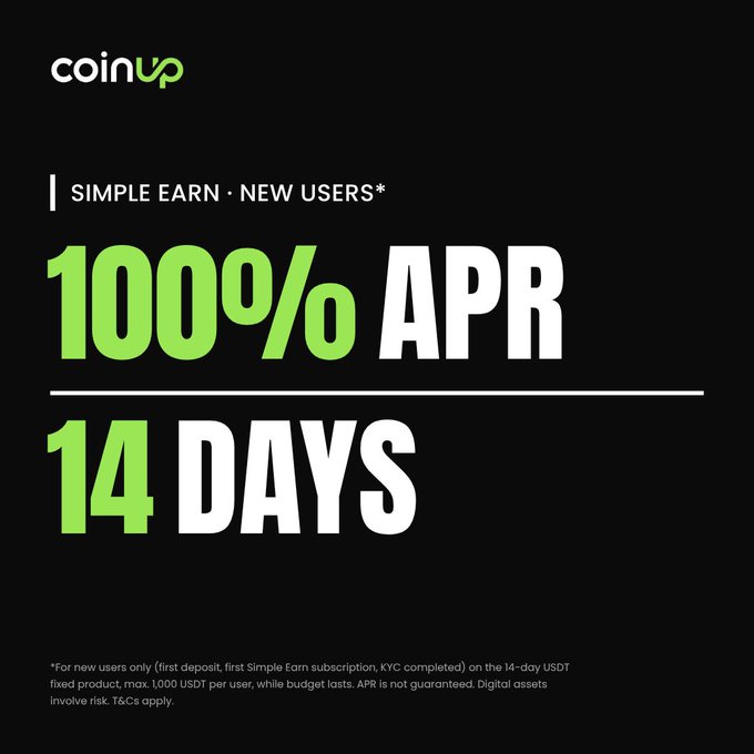 Promotional graphic for CoinUp exchange advertising a 'SIMPLE EARN' product offering 1000% APR over 14 days for new users on a USDT fixed product, with a disclaimer at the bottom.