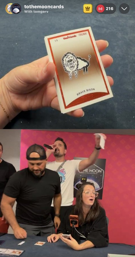 A person holds up a "Brave Bison" VeeFriends card in the top image, while below, a group reacts excitedly at a "To The Moon Cards" livestream hosted by @tomgerv with 216 viewers. The caption humorously suggests trading the card for an NFT to match their collection.