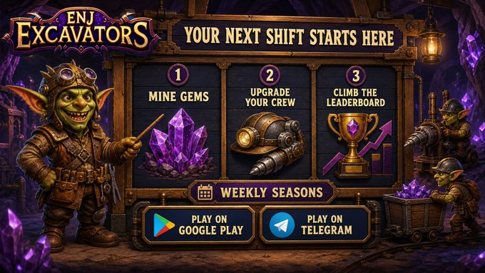 A promotional advertisement for 'ENJ EXCAVATORS' features a goblin character and outlines game steps: 1) Mine Gems, 2) Upgrade Your Crew, 3) Climb the Leaderboard, with 'WEEKLY SEASONS' and buttons to 'PLAY ON GOOGLE PLAY' and 'PLAY ON TELEGRAM'.