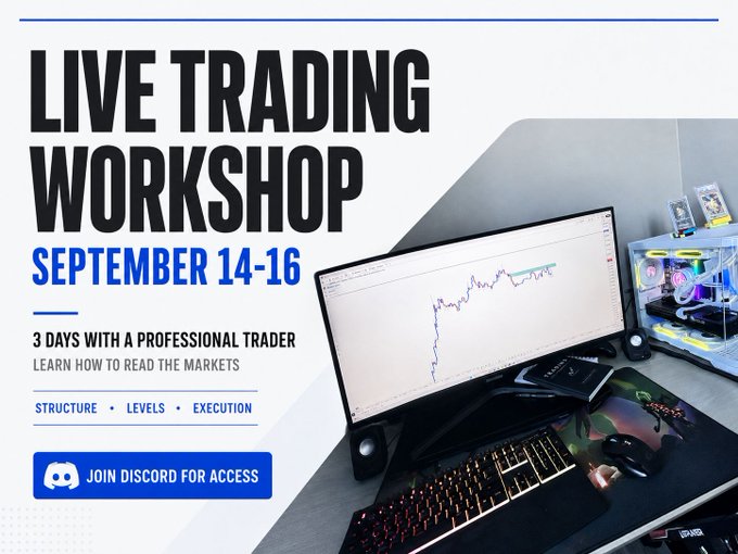 Promotional graphic for a "Live Trading Workshop" running September 14-16, featuring a 3-day session with a professional trader to learn market structure, levels, and execution, with access via Discord. The image shows a trading setup with a monitor displaying price charts and an RGB-lit PC, reinforcing the hands-on trading focus.
