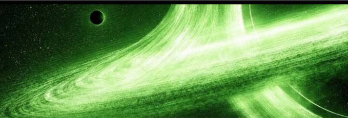 A green-toned cosmic scene features a small planet silhouetted against the glowing rings and swirling matter of what appears to be a black hole or accretion disk, fitting the AI agent theme with no visible text or tickers. The space imagery complements the post's sci-fi tone about the $YOTS Grok AI agent, visually evoking the "lore" and futuristic AI narrative mentioned in the caption.