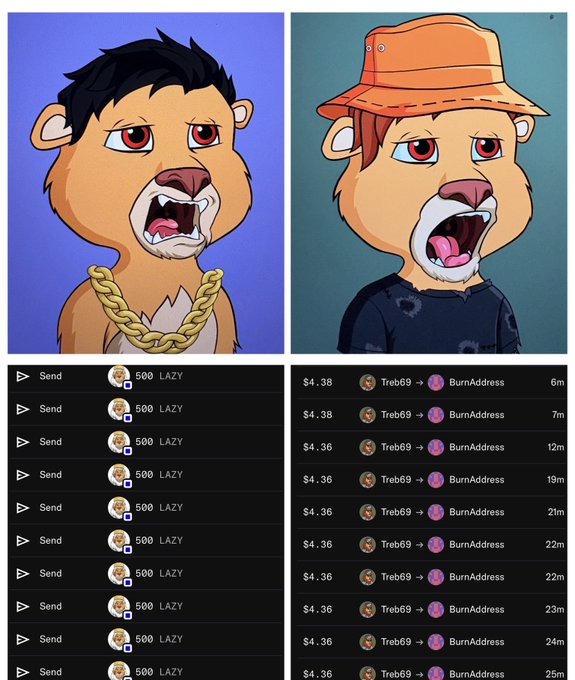 Two NFT-style lion avatars with angry expressions appear above transaction logs showing repeated 600 LAZY token sends and ~$4.36 BurnAddress transfers from Treb69.