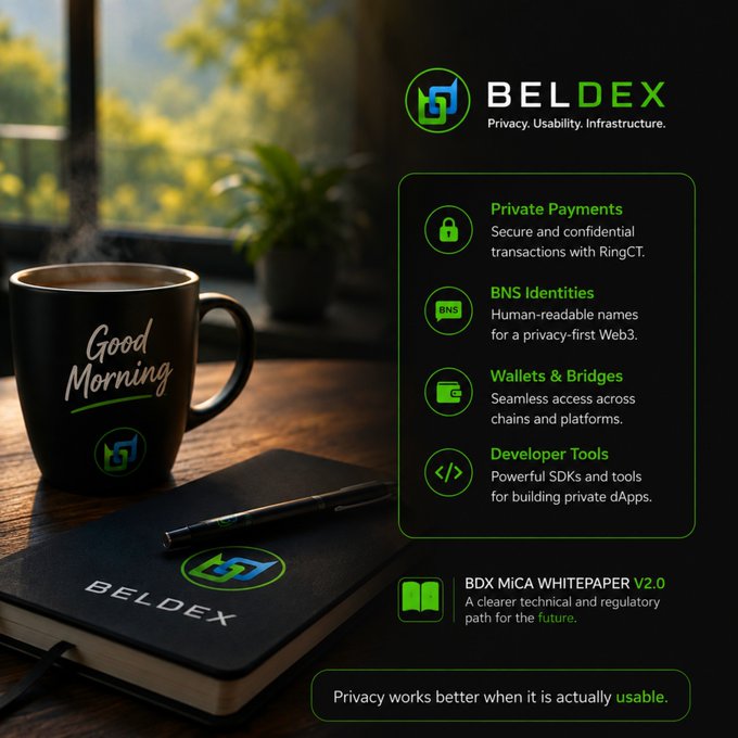 A promotional graphic for BELDEX cryptocurrency featuring a 'Good Morning' coffee mug and branded notebook on the left, with service features listed on the right: Private Payments, BNS Identities, Wallets & Bridges, Developer Tools, and BDX MICA WHITEPAPER V2.0.