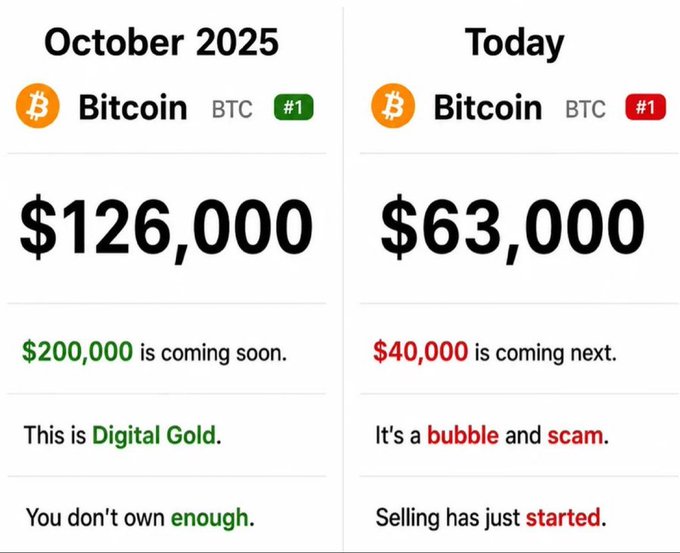 The image compares Bitcoin sentiment between October 2025 ($126,000, called "Digital Gold") and today ($63,000, called a "bubble and scam"), highlighting a 50% price drop paired with shifting public opinion. The accompanying caption emphasizes that bear markets are prime opportunities to accumulate positions before the next bull run, turning current fear and bearish sentiment into a strategic buying window.