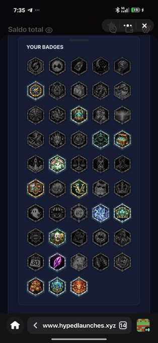 A mobile screenshot displaying a 'YOUR BADGES' collection screen with multiple hexagonal achievement icons arranged in a grid on a dark background.