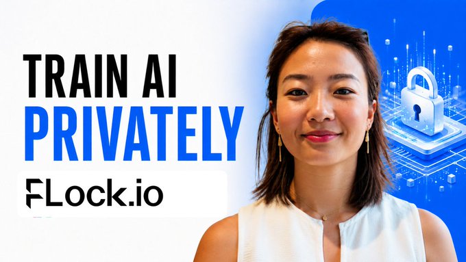 Tiffany Wang, FLock's Head of EMEA, appears on screen alongside the bold text "TRAIN AI PRIVATELY" and the "FLock.io" logo, visually reinforcing the platform's focus on privacy-preserving, decentralized AI training. A digital padlock graphic beside her symbolizes the security that FLock's combination of federated learning and blockchain aims to provide.