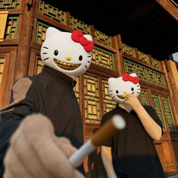 Two people wearing menacing gold-grinned Hello Kitty masks and dark jackets stand in front of ornate wooden lattice windows, with one holding a cigarette. The surreal, sinister "Hello Kitty" aesthetic playfully reinforces the post's bullish message about $KITTY being a "permanent magnet to #1" in cat capital markets, blending cute branding with a dark, cult-like edge to signal aggressive market conviction.