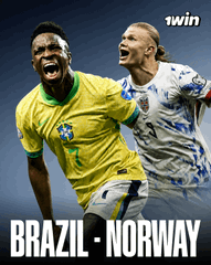 The image shows a promotional graphic featuring soccer players in Brazil's yellow jersey and Norway's white jersey, with text reading "BRAZIL - NORWAY" and the "1win" logo at the top, representing the betting matchup where Brazil leads with 53% of the smart money despite media hype favoring Haaland and Norway.