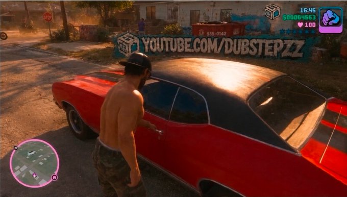 A shirtless character in GTA stands beside a red muscle car, with the watermark "YOUTUBE.COM/DUBSTEPZZ" and game HUD displaying "16:45," "$00004563," and "100." The image accompanies a post teasing a potential collaboration between Chainlink ($LINK) and Rockstar Games, using the GTA gameplay scene as visual inspiration for that idea.